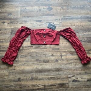 PrettyLittleThing Womens Red Long Sleeve Off The Shoulder Crop Top Size 6 NWT